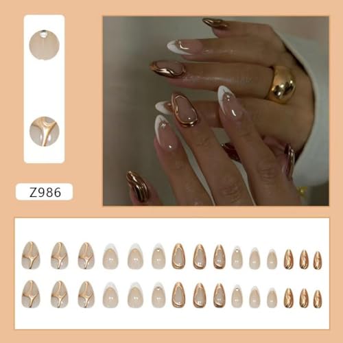 Image of White French Tip Press on Nails Star Fake Nails with 3D Gold Design Nude Glue on Nails Glossy Artificial Acrylic Full Cover Rhinestone Stick on Nails Short Almond False Nails for Women Manicure
