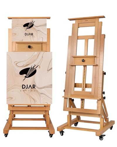 DJAR Extra Large H Frame Art Easel, Movable Tilts Flat Painting Easel Stand for Artist, Adjustable Solid Beechwood Heavy Duty Floor Easel for Painting, Hold 1 or 2 Canvas up to 79" Natural