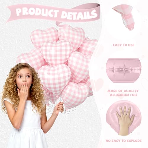 Image of Pink White Checkered Heart Balloons, 10 Pcs Light Pink Grid Heart Shape Balloon, 18 Inch Lattice Foil Valentines Balloons for Kids Girls Birthday Wedding Valentines Bridal Baby Shower Party Decoration