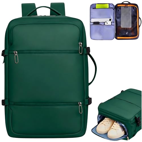 Mochila de Viagem de Avião Impermeável Expansível Grande Notebook 40L Bagagem de Mão Low Cost Aeroporto à Prova D'água Reforçada Verde Escuro