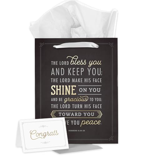 Christian Art Gifts Large Portrait Style Gift Bag w/Greeting Card & Tissue Paper Set for Graduates & Celebrations: Lord Bless You and Keep You - Num. 6:24 Inspirational Bible Verse, Matte Black & Gold
