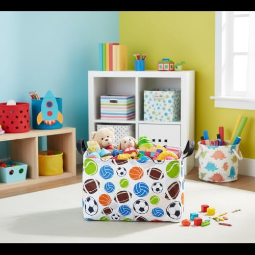 Image of Football Storage Basket Empty, Waterproof Football Storage Bins Organizer, Foldable Closet Shelf Baskets with Handles for Home Office Dorm Closet Shelf