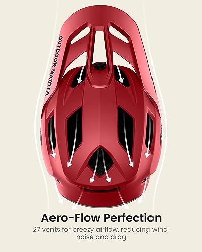 Image of OutdoorMaster Full Face Mountain Bike Helmet, Lightweight for BMX /DH | PC + EPP, 27 vents, Removable liner, 2 D-rings, Goggle strap channel, Pivoting visor, Fits 57-62cm, For downhill /BMX /MTB