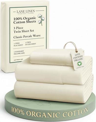 Image of LANE LINEN 100% Organic Cotton Twin Bed Sheet Set, 3 Pc Twin Size Bed Sheets, Soft & Breathable Twin Sheet Set Boys, Hotel Style Bedding Sheets & Pillowcases, 15 inch Deep Fitted Sheet - Natural