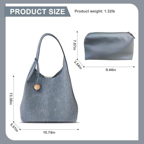 Perforated Denim Tote Bag for Women - Large Capacity Hobo Handbag with Wooden Charm & Inner Pouch2