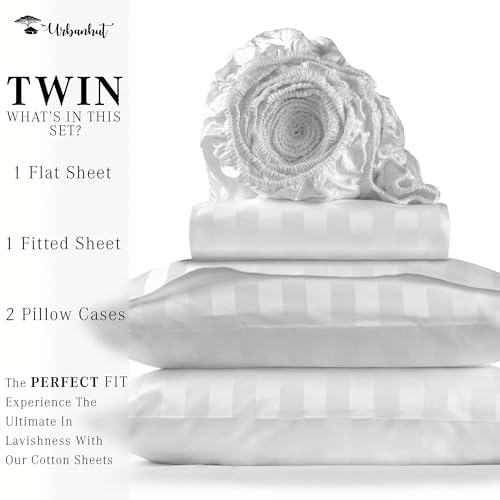 URBANHUT 800 Thread Count Egyptian Cotton Twin Size Damask Striped Sheets Set (4 Pc) - Ultra Soft & Smooth, Thick & Crisp Sateen Weave Twin Bedsheets, Fits Upto 16" Mattress - White