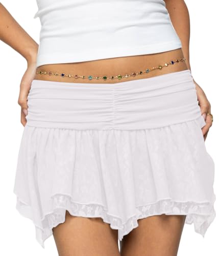 Women Lace Mini Skirt Flowy Ruffle Layered Pleated Short Skirts Cute Mesh Low Rise Asymmetrical Going Out Streetwears