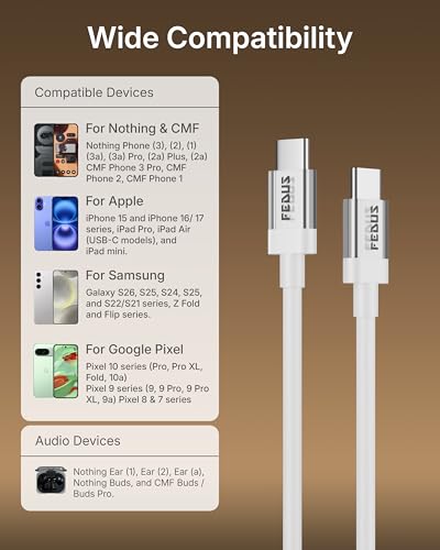 Image of FEDUS Zetta-X6I 65W Type C to Type C Cable 1M, Super Fast Charging PD /PPS USB C to C Data Cord for Nothing Phone 1,2,2a,3,CMF1,2, Samsung S24 Ultra, iPhone 15 /16 Pro Max, iPad, MacBook, Android Auto