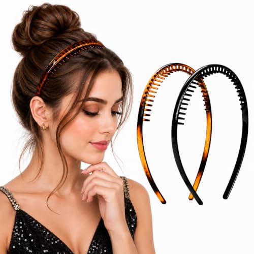 Image of 2 Pcs Black Brown Simple Fancy Plastic Hair Bands Wavy Hair Comb Headband Teeth Comb Shine Hairband Hair Accessories For Girls and Women