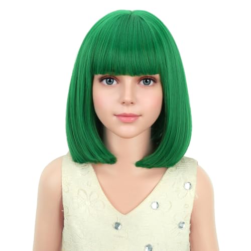 Image of PATTNIUM Kids Green Wig Child Green Bob Wig for Girls Colored Wigs Dark Green Bob Wig Cosplay Party Synthetic Wigs