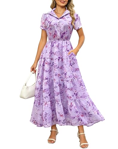 Image of Kranda Women 2026 Summer Collared V Neck Short Sleeve Button Down Chiffon Long Tiered Floral Maxi Dress with Pockets
