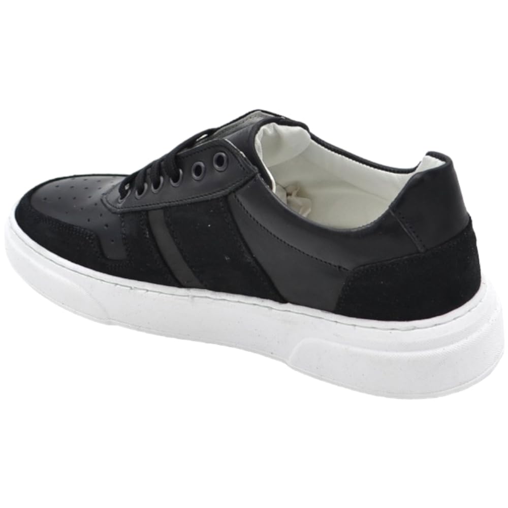 Malu Shoes SNEARKERS Męskie czarne z prawdziwej skóry z czarnymi zamszowymi wstawkami, sznurowane zapięcie, oddychające, wysokie dno, ANATOMICZNE