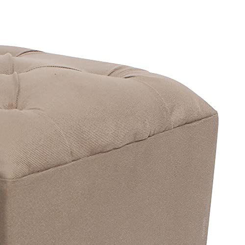 Puff Carré capitonê veludo bege banqueta madeira envelhecida quadrado decorativo assento acolchoado