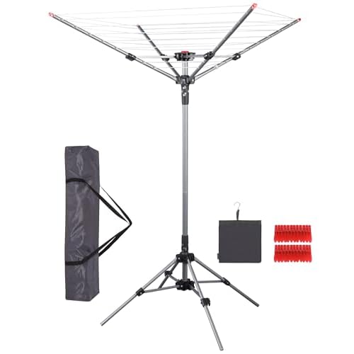 STORAGE MANIAC Portable Umbrella Clothes Drying Rack 8 Lines with 82 Feet Drying Space, Steel Frame & Adjustable Height, 4-arm Umbrella Clothesline fo