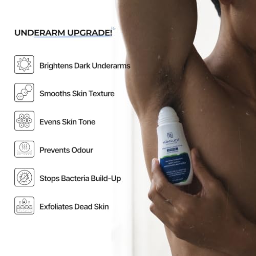 Image of Mannlich Underarm Roll-On for Men, 2% Kojic & Salicylic Acid, Lactic Acid, Alpha Arbutin, 4% AHA & BHA | Brightens Skin, Reduces Pigmentation, Exfoliates & Prevents Body Odor | Alcohol & Aluminum Free, Dermatologically Tested- 50ml (Pack of 3)