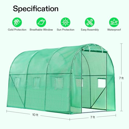 Image of VIVOSUN 10x7x7 Ft. Large Walk in Greenhouse, Greenhouse Tunnel, Garden Plant Hot House with Green PE Cover, Roll-up Zipper Door and Window for Outdoor