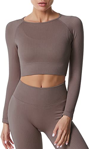 Seamless Cropped Tops For Women Workout Long Sleeve Ribbed Yoga Running Shirts Activewear Breathable Slim Fit Cropped Tops T Shirt Brown #TOP4