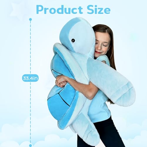 Image of MorisMos 33Inch Giant Blue Sea Turtle Stuffed Animal, Large Turtle Plush Pillow, Soft Ocean Animal Plush Toy for Kids, Big Turtle Plushie for Bed Sofa Room Decor, Birthday Gift