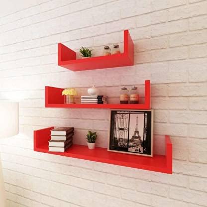 Image of DECORVISTA Wooden Handcrafted Wall Shelf Beautiful Floating Wall Racks Shelves Living & Bed Room Decor U Shaped Set of 3 (Multi) (RED)