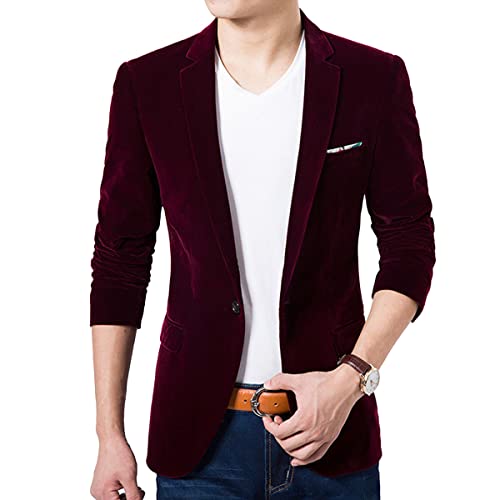 ORANDESIGNE Blazer Chaqueta de Traje para Hombre Diseño Ajustado con Un Botón Blazer de Terciopelo Elegante Formal para Bodas Negocios y Veladas C Vino Rojo L