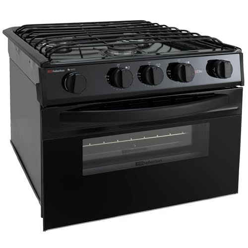 RecPro Suburban RV 17 Black 3 Burner Propane Range with Gas Oven | 9000 BTU Front Burner | Dual 6500 BTU Rear Burners | Piezo Ignition | Compact Built-In Range for RVs and Campers