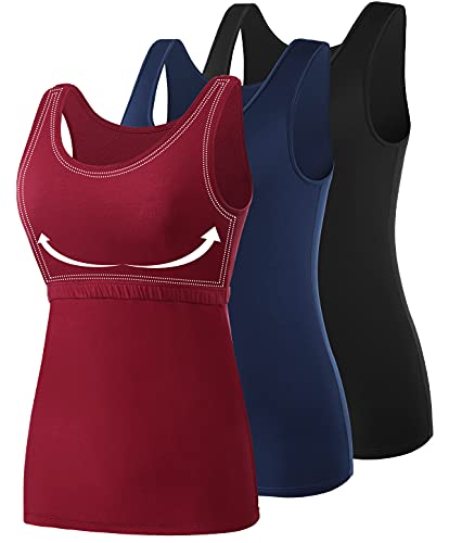 AMVELOP Soft Cotton Women Tank Tops with Shelf Bra Tanks for Layering Undershirts Activewear 1-3 Pack Black Dark Blue Wine Red XL