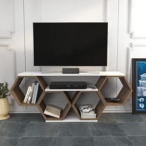 Image of DECOROTIKA Honey TV Stand TV Unit for TVs up to 55 inch | Honey Comb Design (Walnut and White)