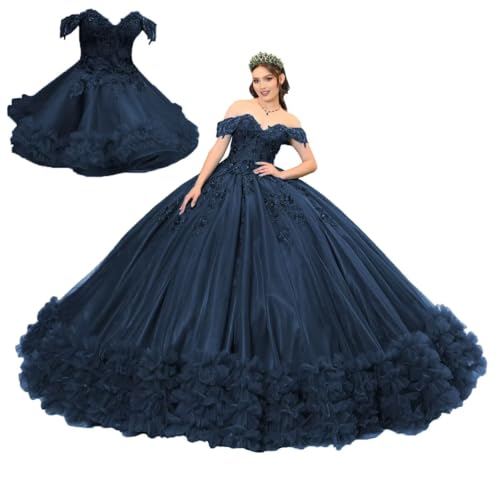 Ftupza Lace 2 in 1 Quinceanera Dresses Ball Gown Floral Off Shoulder Sweet 15 16 Dresses Ruffle Tulle Prom Gowns