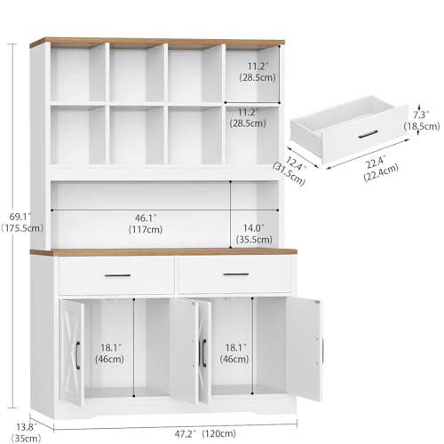 Image of TEENFON Storage Cabinet with Doors and Drawers, Pantry Cabinets, 5 Tier Floor Standing Bookshelves, Bookshelf and Bookcase, 8 Open Storage Shelves and Printer Stand for Study, Living Room, Office