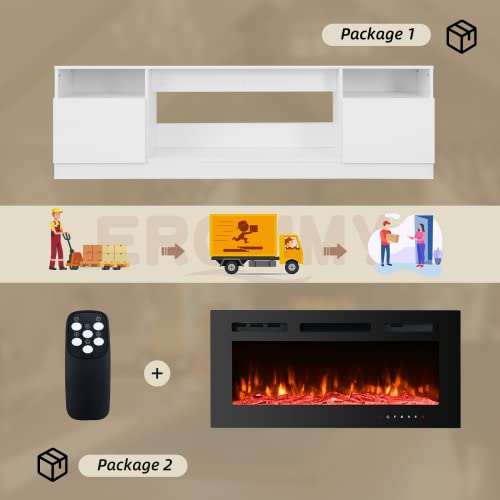 Erommy 70'' Fireplace Tv Stand With 36'' Electric Fireplace, Entertainment Center With 16 Color Led Lights And 12 Flame Fireplace Insert Heater, White Tv Console For Tvs Up To 80'' For Living Room #TOP5