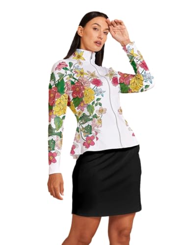 Acegolfs Women'S Golf Jackets Lightweight Zip Up Athletic Jacket Women Long Sleeve Floral Printed Pullover Ruffle Workout Top