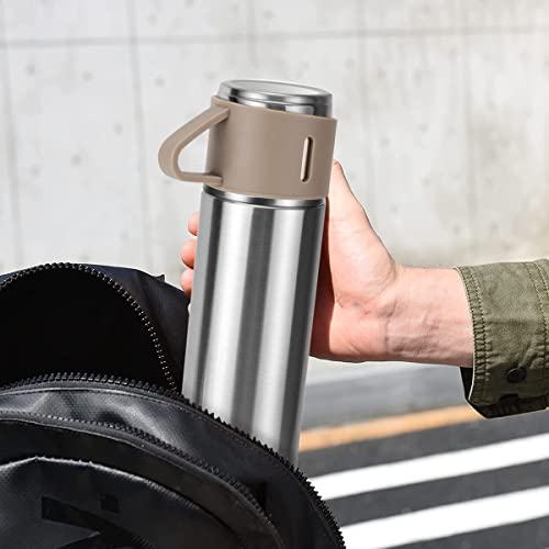 Coffee Thermos Stainless Steel Vacuum-Insulated Water Bottle, 500Ml/16.9Oz Insulated Bottle With Cup For Hot & Cold Drink Travel Mug (Brown, One Cup) #TOP5