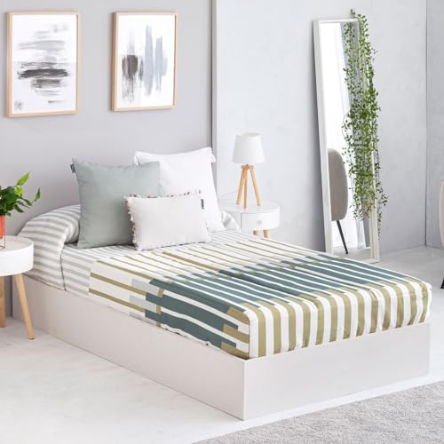 Edredón Ajustable Acolchado ALAVA Verde, para Cama Nido, literas, canape... cómodo y fácil de Utilizar. Relleno 150 gr. Medida Cama 90. Tejido 70% Algodón/30% poliéster. Alto del colchón hasta 35 cm
