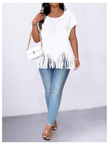 SHENHE Women's Plus Size Fringe Top Sparkly Rhinestone Cap Sleeve Crew Neck Cowgirl Studded Tshirt Top4