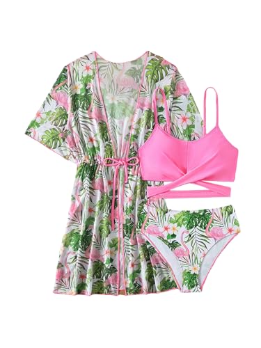 Image of WDIRARA Girl's 3 Piece Swimsuits Tropical Print Criss Cross Bikini Set with Kimono Cover Ups