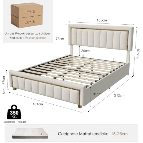 Miniatura 2 de Bpkadhy Cama Tapizada Doble De 160 X 200 Cm, Cama Con Canapé Abatible Hidráulico, Estructura Con Cabecero Y Somier De Láminas De Madera, Cama Funcional Juvenil Con Respaldo, Terciopelo, Blanco Arroz