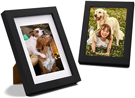YUEYEE 5x7 Picture Frame 2 Packs - Black Solid Wood Picture Frames,Display Photo 3x5 inch with Mat, 5x7 inch without Mat,Photo Frames for Wall or Tabletop