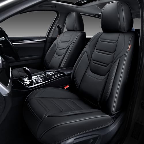 Image of TIEHESYT Leather Seat Covers Front Pair with Lumbar Support, Breathable and Waterproof Car Seat Cover, Universal Seat Covers for Cars, Trucks, SUVs, Sedans, Pickups, Airbag Compatible, Black