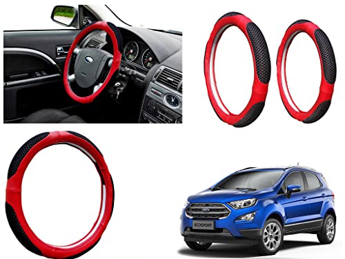 Image of Microfiber Car Steering Wheel Cover, Soft Padding Great Hand Feel, Anti-Slip, Faux Leather Steering Cover for Ford Ecosport 2017 | Black Red Jali - Pack of 1