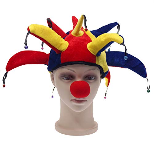 ITODA Halloween Clown Hat Funny Jester Hat with Bells and Foam Nose Pointy Joker Hats Multicolor Party Cosplay Hats Props for Mardi Gras Carnival Halloween Party Decoration