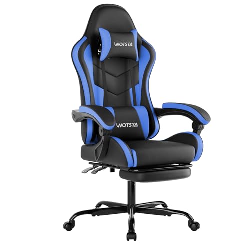 WOTSTA Chaise Gaming, Fauteuil Gamer avec Massage Lombaire, Chaise Ergonomique Repose-Pieds Rétractable, Siège Gaming Confortable en Cuir, Chaise Bureau avec Dossier Inclinable à 135°, Charge 120 KG