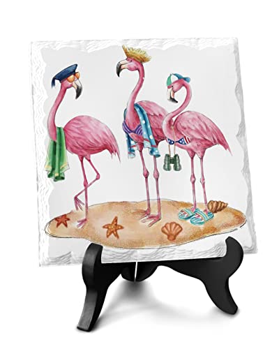 Summer Beach Pink Cartoon Flamingos Bird Ceramic Ornaments,Plaque With Wooden Stand Desk Decorative Sign Tropical Animal Starfish Shell,Table Decor Gifts For Women Family Friend Coworker Boss #TOP16