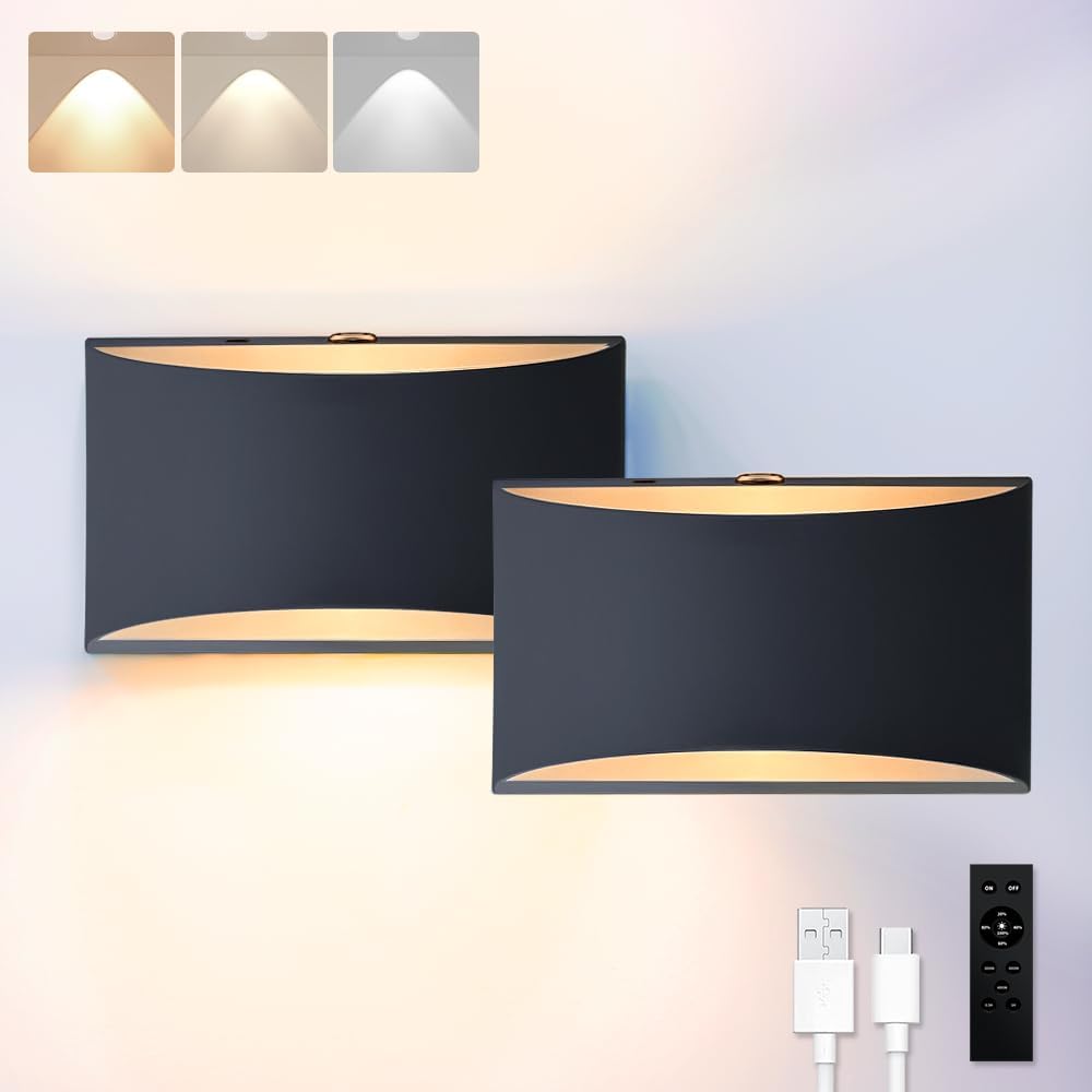 BLUEYE 2Packs 10000mAh Battery Operated Wall Sconce,Remote Control, 2700K-6000K,Cast Aluminum,Rechargeable,50W Equivalent Lamp,No Flicker,600Lumens,Dimmable,Black,Set of Two for Non-Hardwired