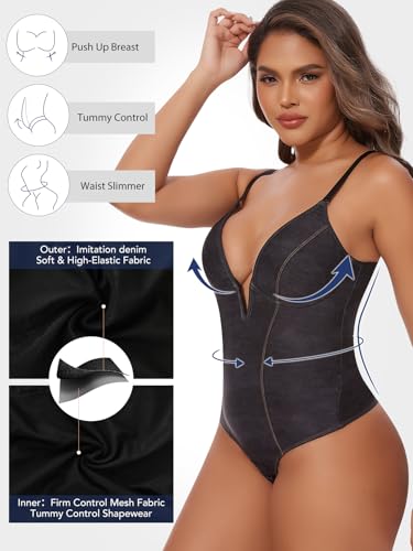 Image of SHAPERIN Bodysuit for Women Shapewear Tummy Control Deep V Neck Plunge Sleeveless Backless Thong Body Suit Tank Top