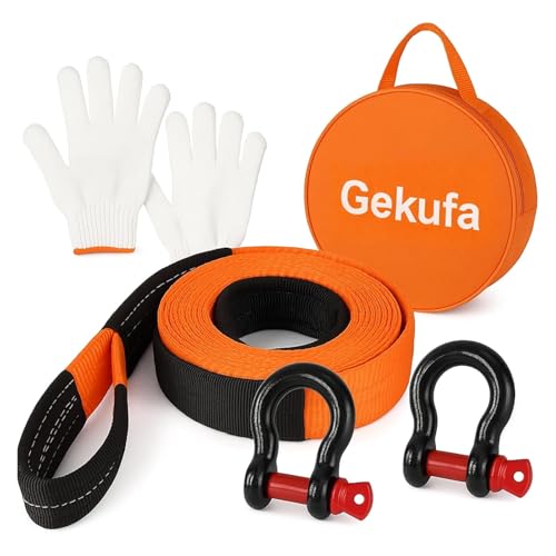 Gekufa Abschleppseil pkw 5M x 5cm, 10 Tonnen (22046 Lbs) Abschleppseil Auto Kit mit 2 Verstärkten Haken und Reflektierenden Streifen, Abschleppseile Für Off-Road Recovery (Orange)