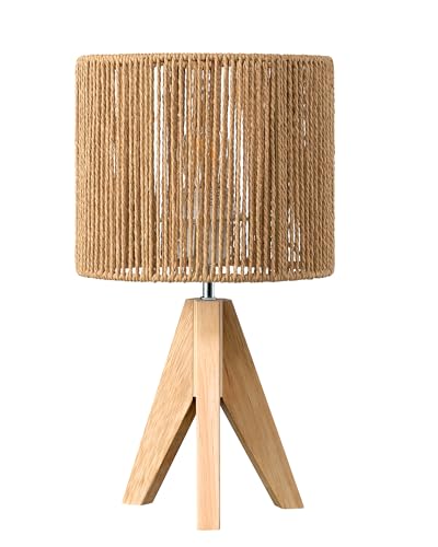 EDISHINE Small Rattan Table Lamp, Rustic Wood Tripod Bedside Lamp, Striated Paper Lampshade, Boho Desk Lamp for Living Room, Bedroom, Office, LED Bulb Included, E27 Base
