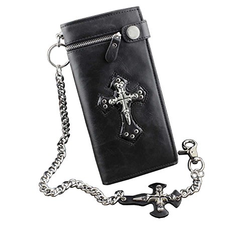 Men's Punk Skulls Cross ID Card Money Black Leather Zipper Wallet With A Chain