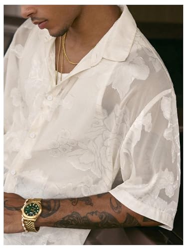 Men's Floral Button Down Shirts Y2k Sheer Mesh Half Sleeve Cropped Shirt Collar Loose Casual Boho Tops4