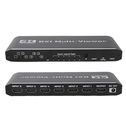 Diyeeni El Conmutador HDMI, Conmutador sin Costura Multiviewer de 6 en 1, Admite 4K 30Hz/1080p 60Hz, 9 Modos de Visualización con Remoto IR para Cámara de Seguridad, DVD, Caja de TV