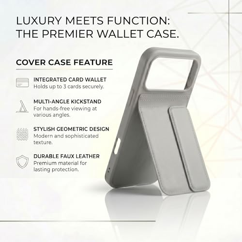 Image of amazon basics Luxury Vegan Leather Back Cover for iPhone 17 Pro Max | Built-in Card Holder Slot | Integrated Mobile Stand | Slim Shockproof Protective Case with Stitched Finish - Gray